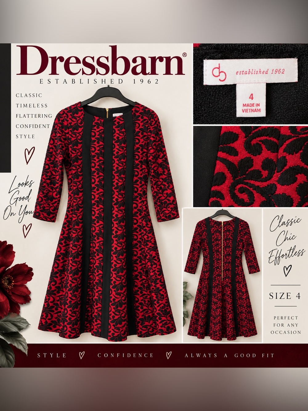 Dress Barn Red and Black Floral Patterned A-Line Dress